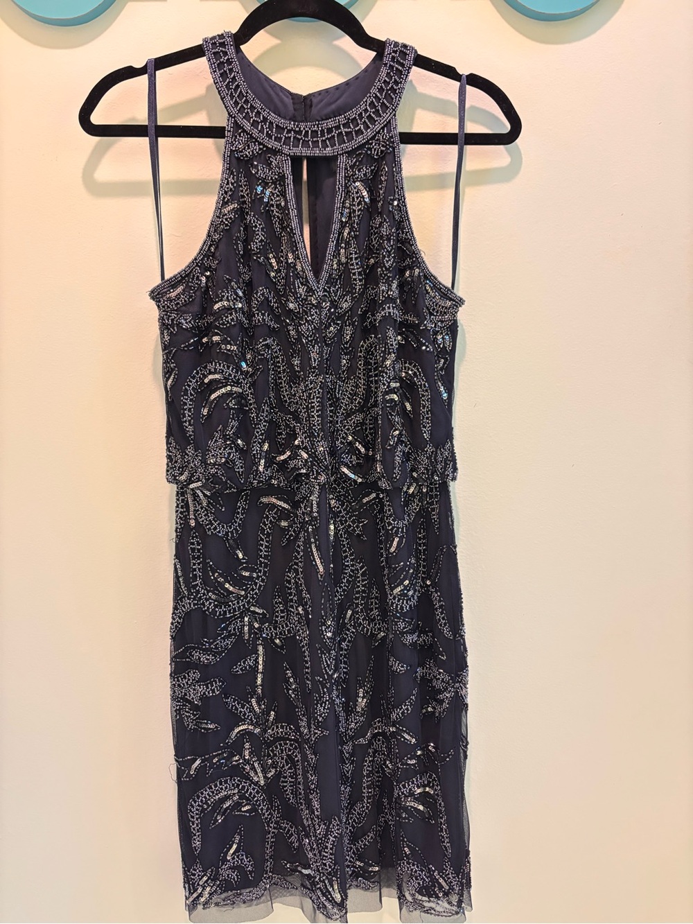 Adrianna Papell Embellished Navy Blue Halter Cocktail Dress